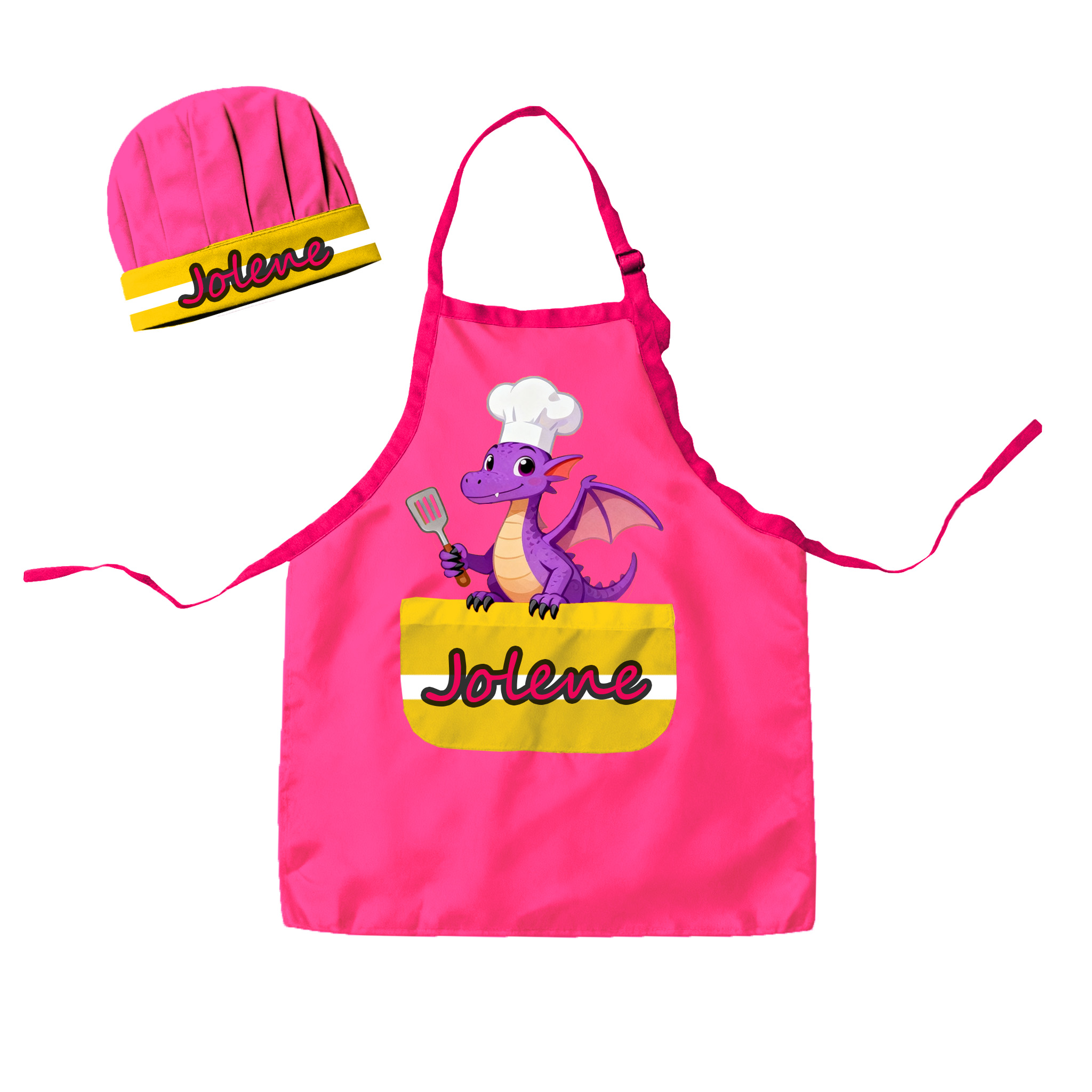 Personalized Little Flying Dragon Adjustable Kid Apron Chef Hat Set with Pocket and Name for Cooking Baking Birthday Holiday Gift for Kids