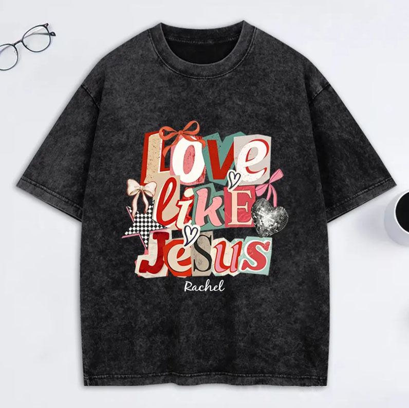 Personalized Love Like Jesus Vintage Washed T-Shirt with Custom Name Preppy Valentine’s Day Checkered Tee Coquette Jesus Shirt Valentine’s Day Gift