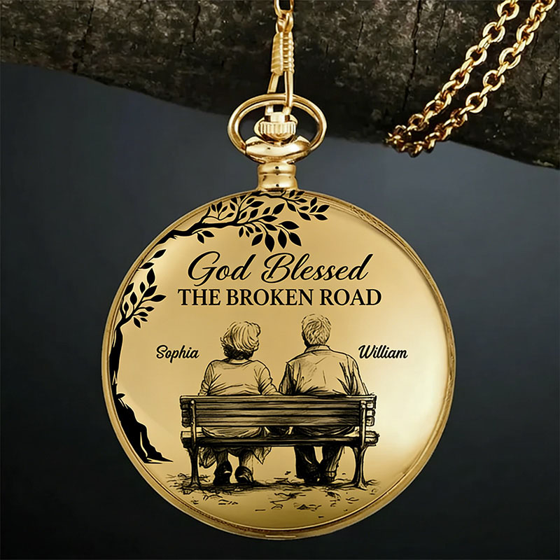 Personalized God Blessed the Broken Road that Led Me Straight to You Pocket Watch with Custom Names Religious Gift for Couple Valentine's Day Gift