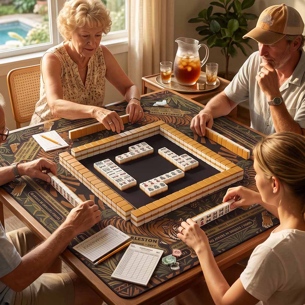 Masculine Mahjong Mat with Instructions Rules Tiger Design