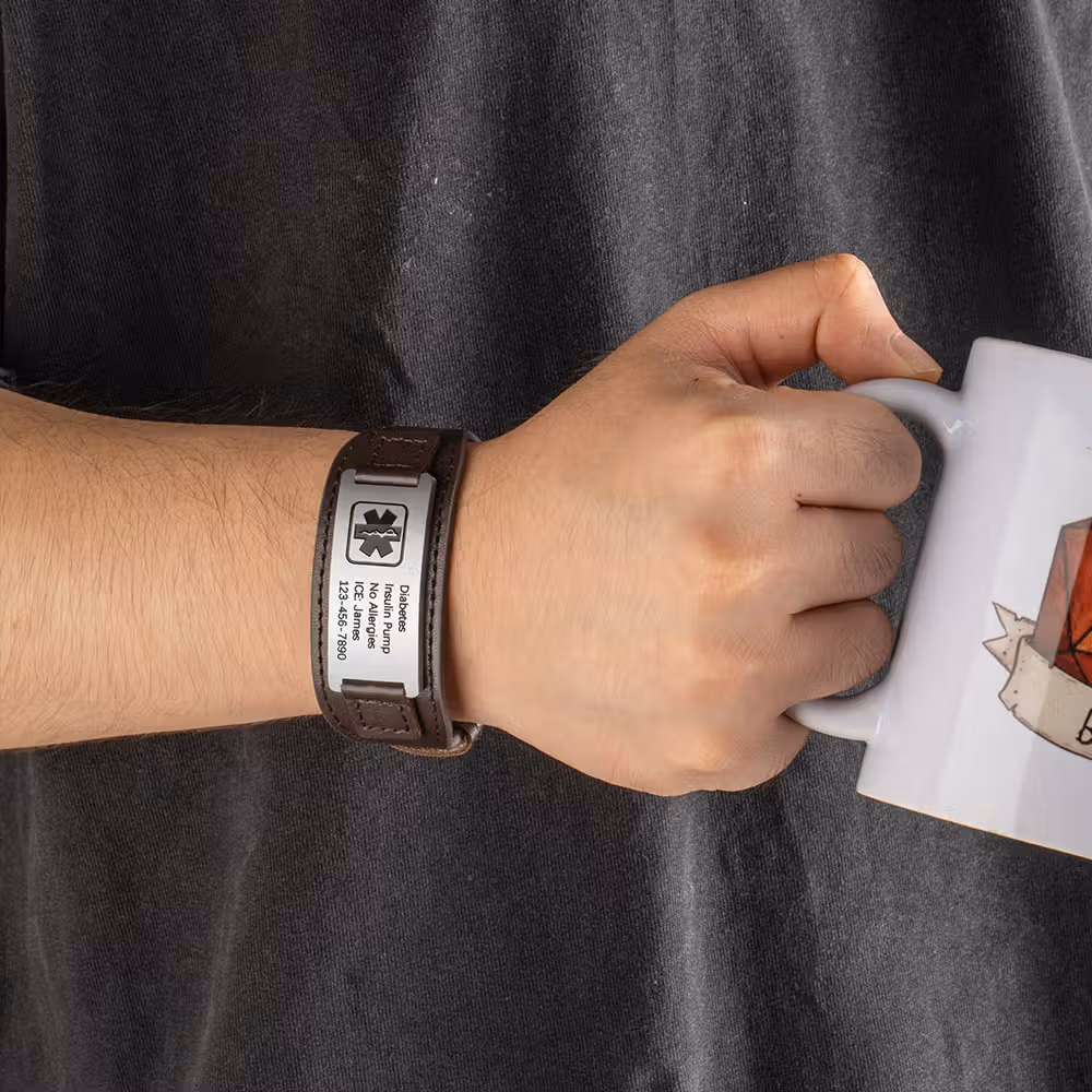 Personalized Adjustable Leather Emergency Medical Alert Bracelet with Engraved Text Gift for Man or Woman