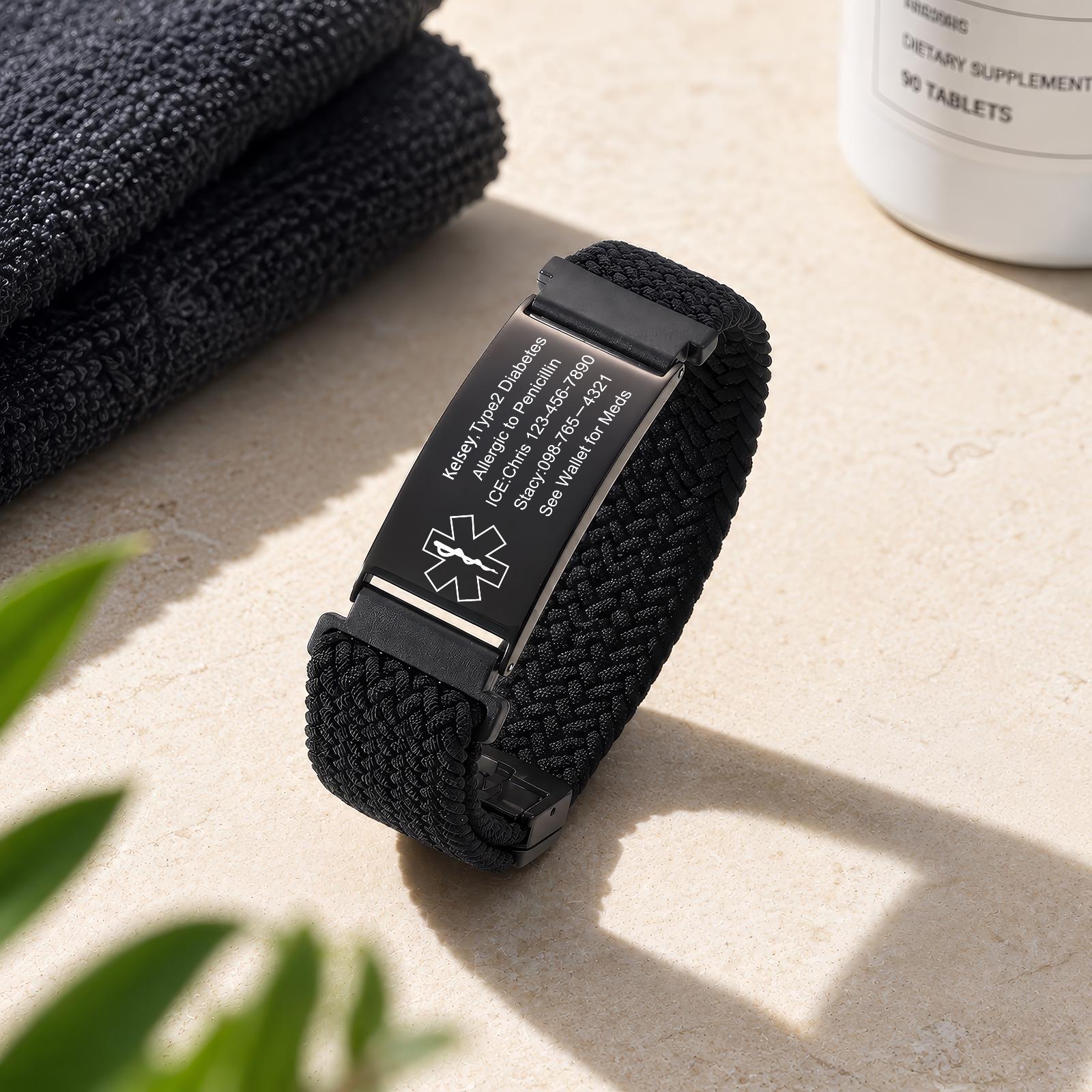 Personalized Medical Alert Bracelet Elastic Nylon Emergency Wristband Engraved Sport Medical Alert ID Adjustable Bracelet Health ID Men Women