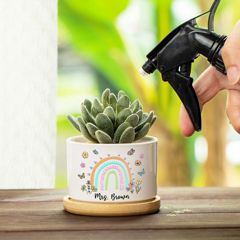 Personalized Thank You for Helping Me Grow Rainbow Butterflies Ceramic Plant Pot with Bamboo Base and Name Appreciation Gift for Teacher