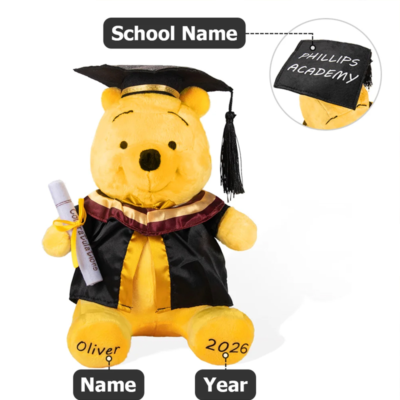 Personalized Classic Winnie the Pooh Graduation Bear Plush Toy with Name or School Badge Gifts for Grads