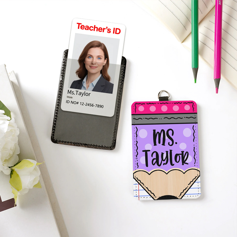 Personalized Polka Dots Pencil Design PU Leather ID Badge Holder with Text Back to School Teacher's Day Appreciation Gift for Teacher