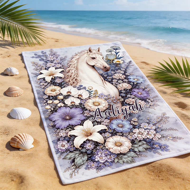 Personalized Beach Towel White Horse and Flowers Beach Towel with Name Gift for Equestrian Lovers