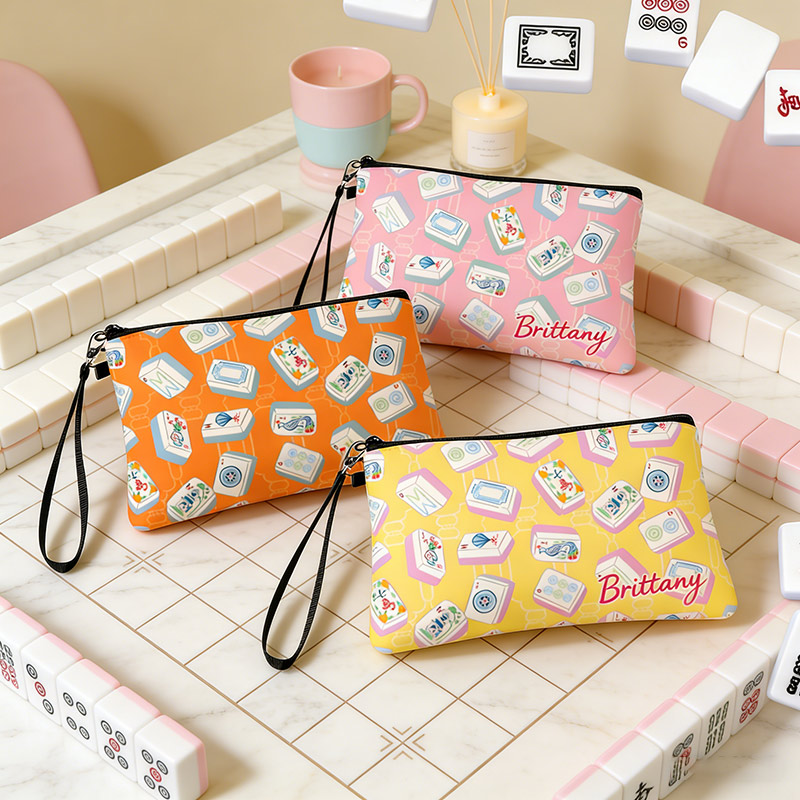 Personalized Mahjong Name Linen Handbag with Zipper and Wrist Strap Gift for Mahjong Lovers