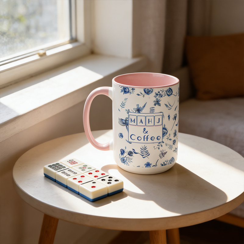 15 oz Mahjong Mug Blue and White Porcelain with Floral and Bird Motifs Gift for Mahjong Enthusiasts