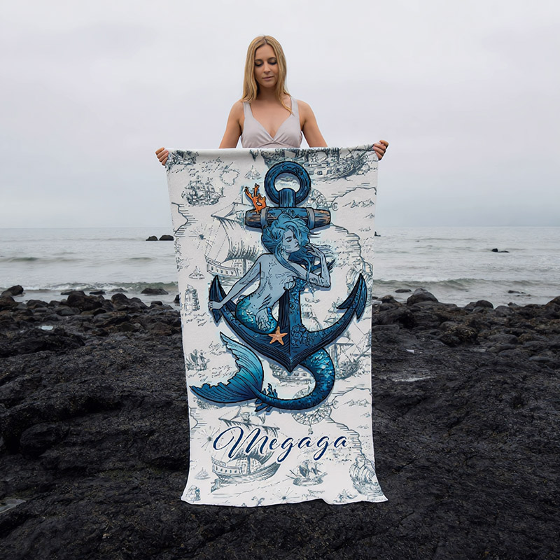 Personalized Mermaid Beach Towel Vintage Nautical-Style Mermaid Beach Towel Customized with Name Gift for Her
