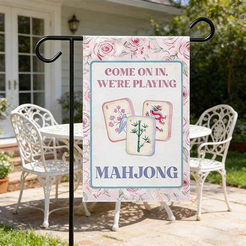 Mahjong Garden Flags Pink Rose Courtyard Decor Mahjong Parties and Gifts for Mahjong Enthusiasts