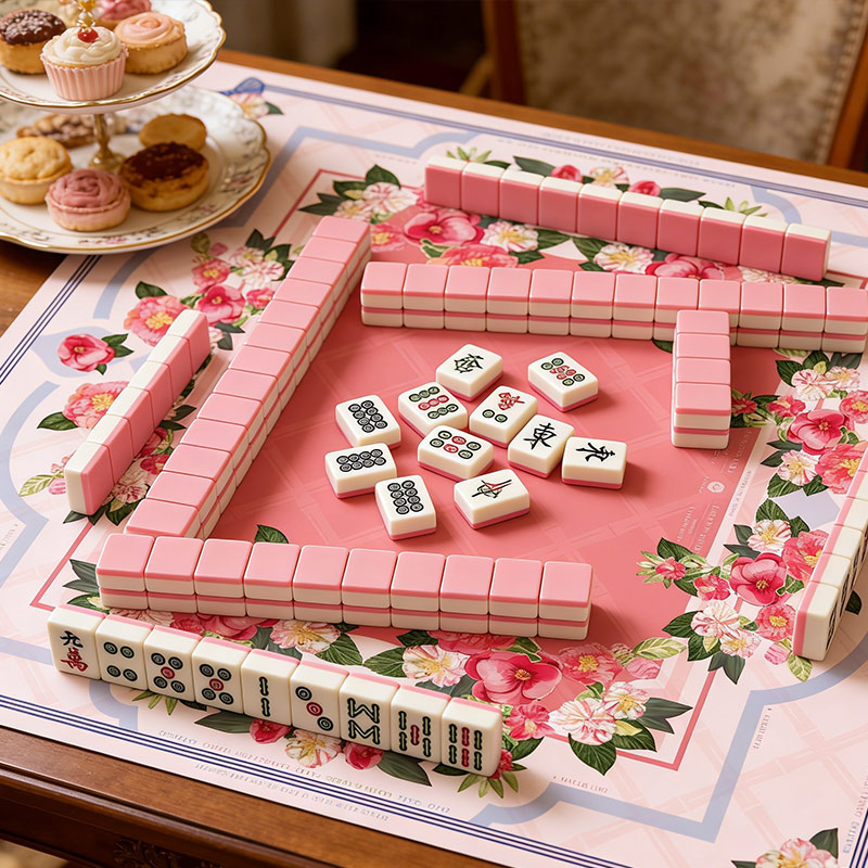 Sweet Pink Camellia and Birds Mahjong Mat Fresh Color-Blocking Non-Slip and Noise-Reducing Gift for Mahjong Enthusiasts