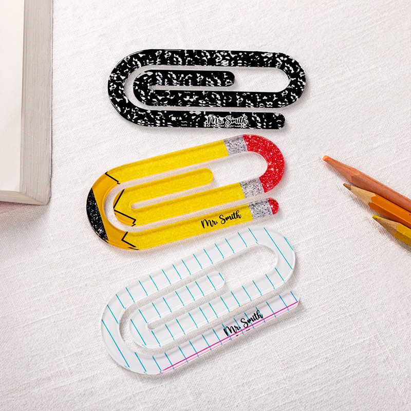 Personalized Pencil Notebook Jumbo Paperclip Acrylic Bookmark Clip Set of 3 with Surname Teacher's Day Appreciation Gift for Teachers Read Lovers