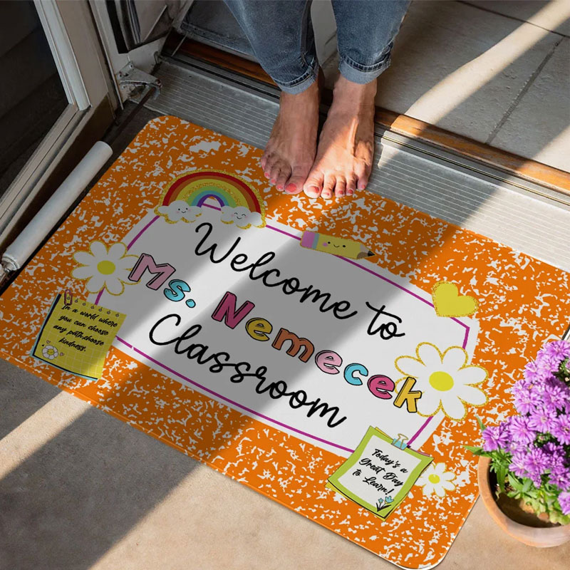 Personalized Multicolor Pencil Rainbow Welcome to Classroom Non-Slip Doormat with Text Teacher's Day Back to School Gift for Teacher