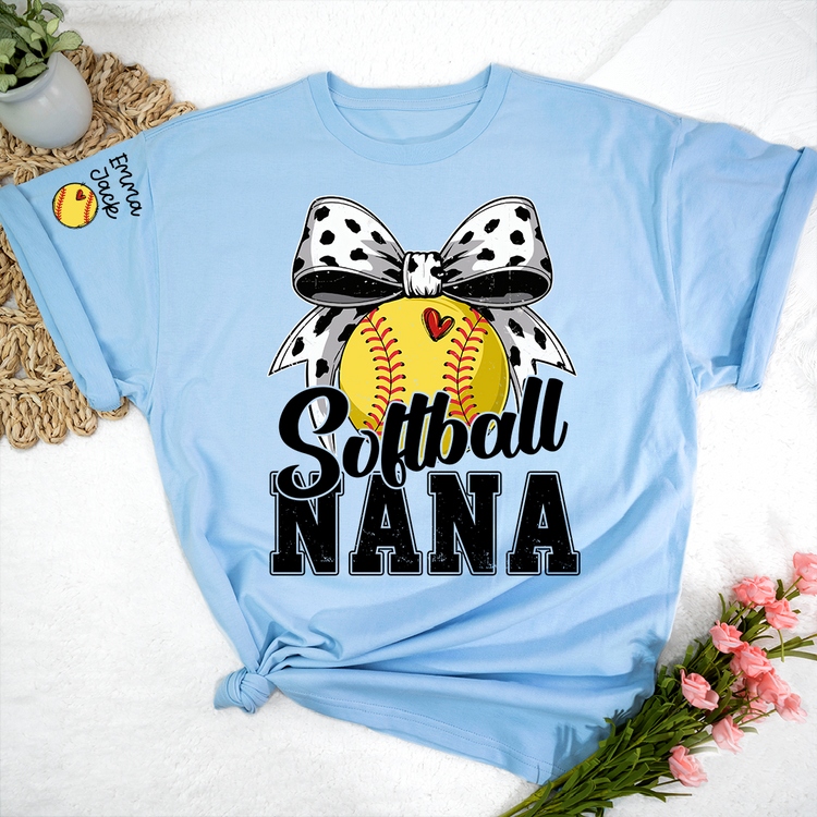 Personalized Softball Nana Shirt – Custom Grandma T‑Shirt with Bow and Name, Gift for Proud Softball Grandma