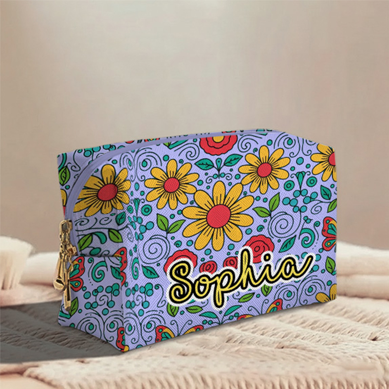 Personalized Multicolored Bright Sunflower Toiletry Bag Custom Name for Kids Travel Gifts and Daily Use