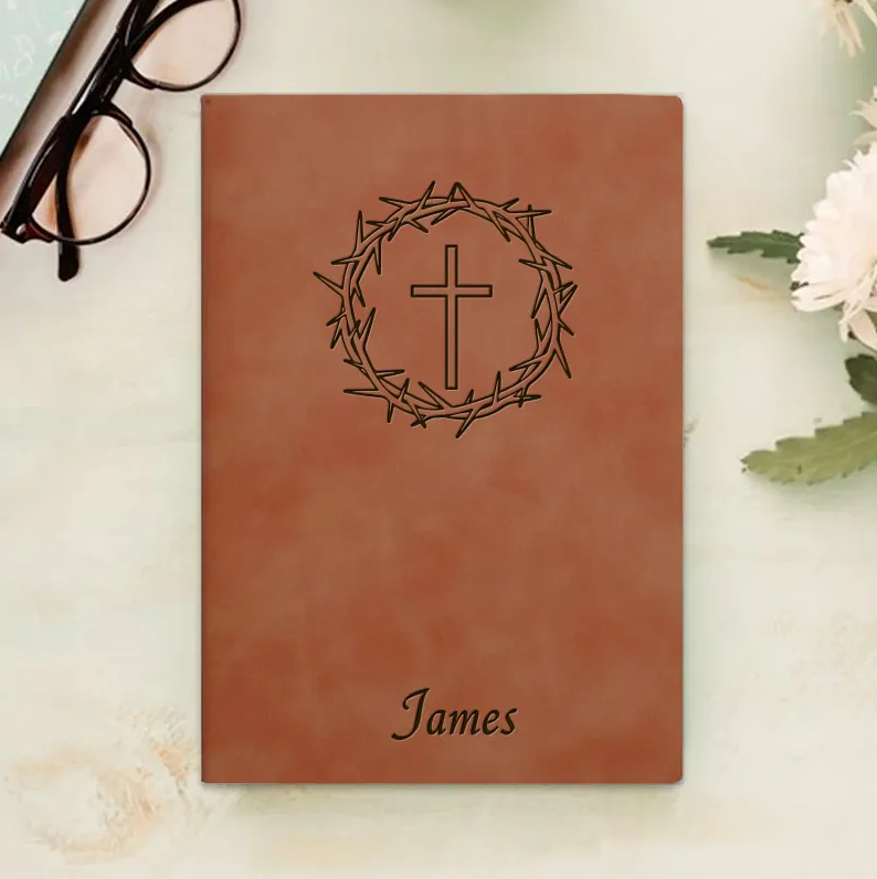 Personalized Cross and Thorns Journal Leather A5 Notebook with Name Religious Prayer Notebook Birthday Easter Christmas Gift for Christians