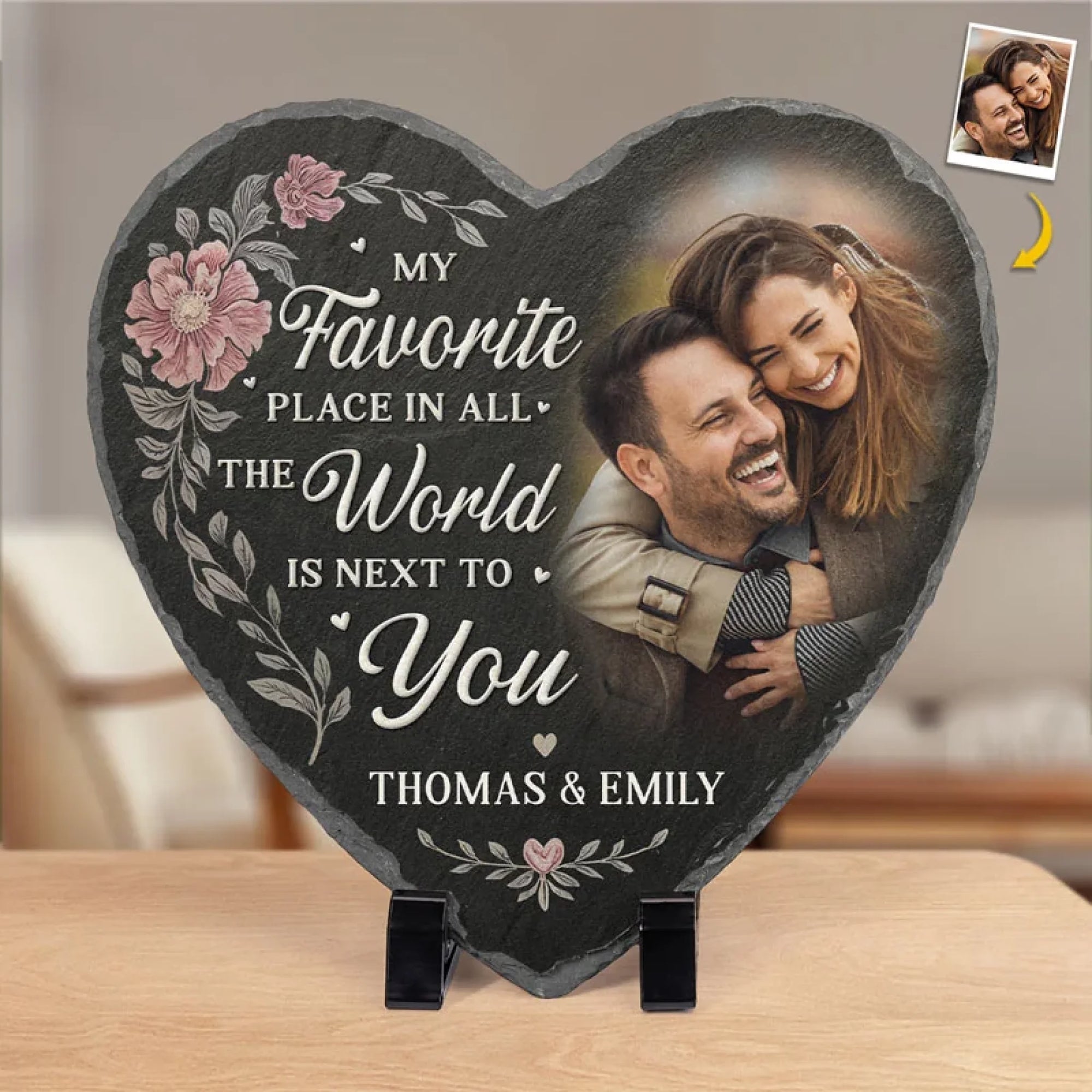 Personalized Couple Photo Floral My Favorite Place in All the World is Next to You Heart Shaped Stone with Stand Christmas Valentines Day Gift