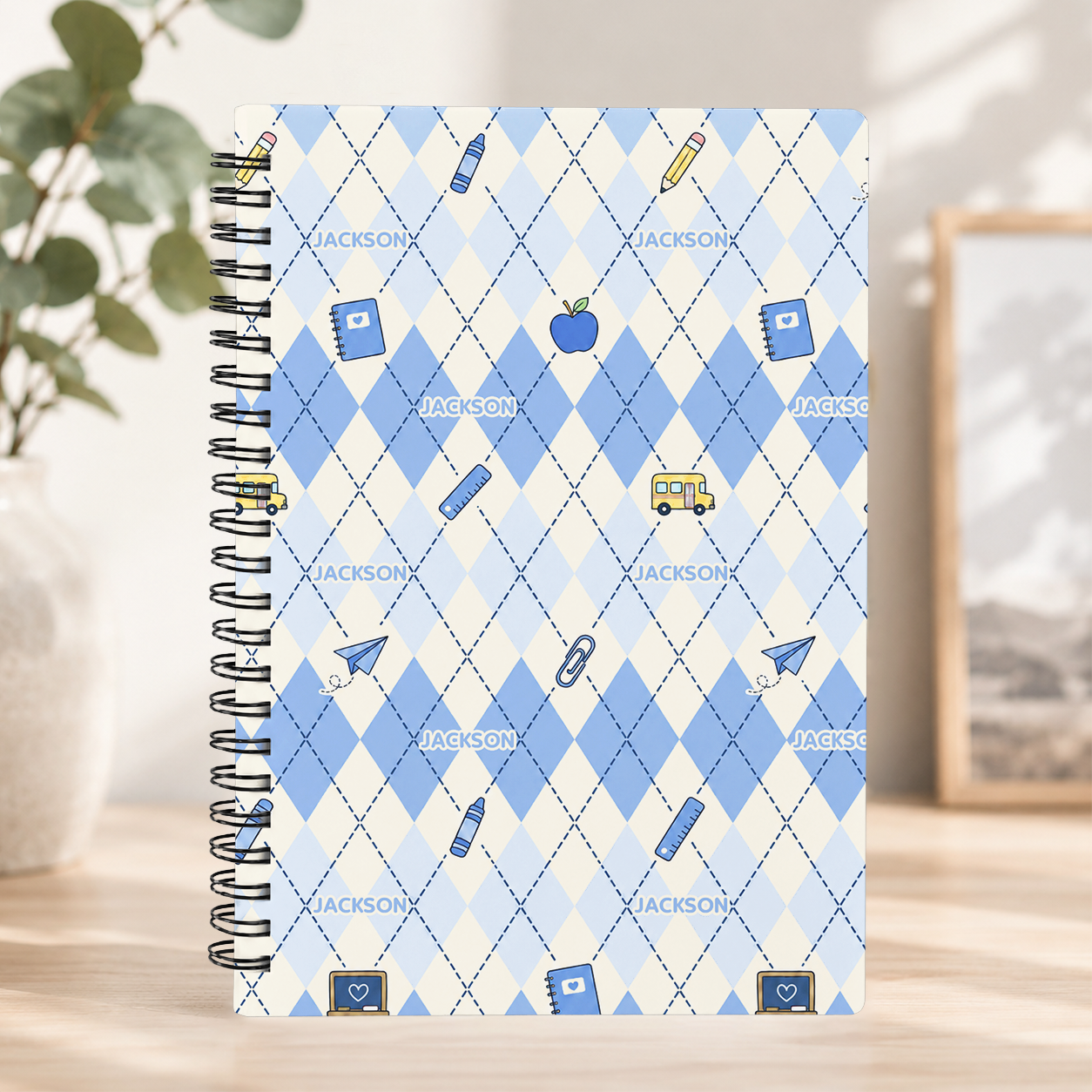 Personalized Pastel Argyle School Icons Pattern Pencils Books Apples Stars Hearts Back To School Spiral Notebook