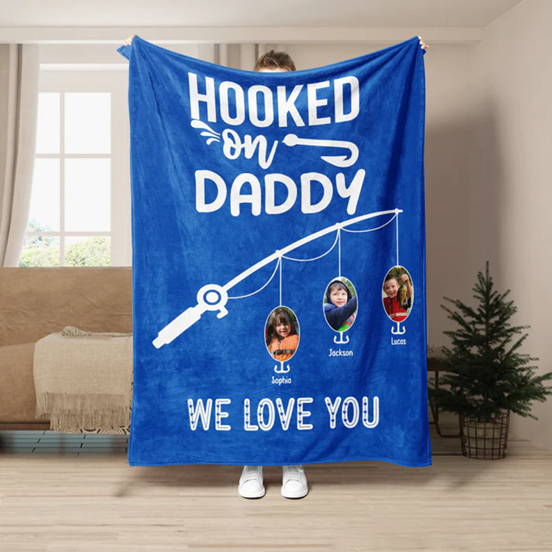 Personalized Fishing Blanket Funny Fishing Blanket for Dad Hooked on Daddy Design Add Kids Photos And Names Soft Gift for Fishing Enthusiast Fathers