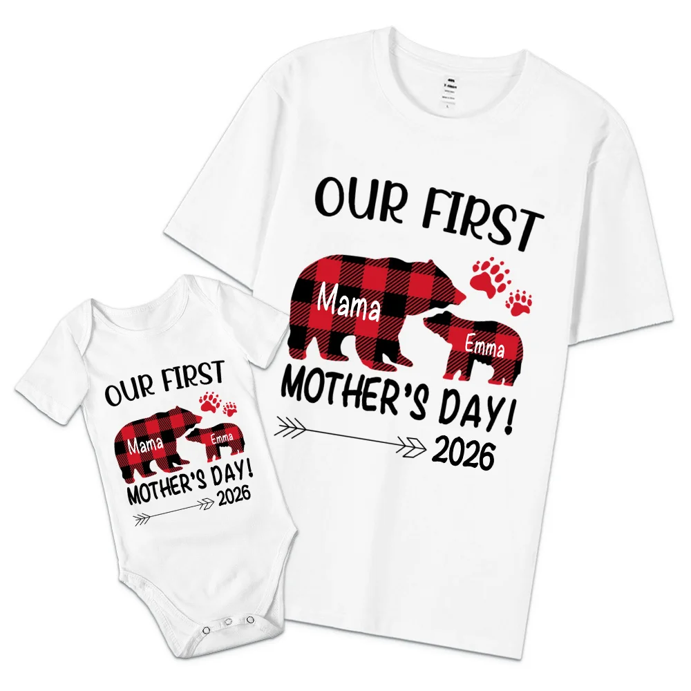 Personalized Cute Bear Bunny Giraffe 100% Cotton T-Shirt and Baby Onesie Our First Mother's Day T-shirt Funny Mummy and Baby Gift Mama and Me tee Baby bodysuit