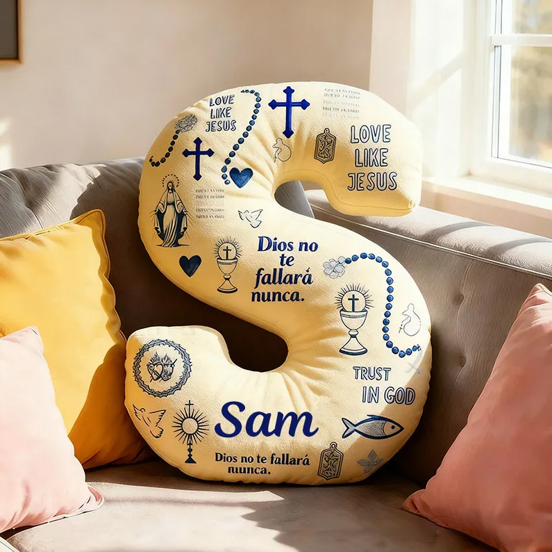 Personalized God will Never Fail You Letter Pillow with Custom Name Home Decor Virgin Mary Cross Chalic Dove and Fish Pillow Religious Gift for Her