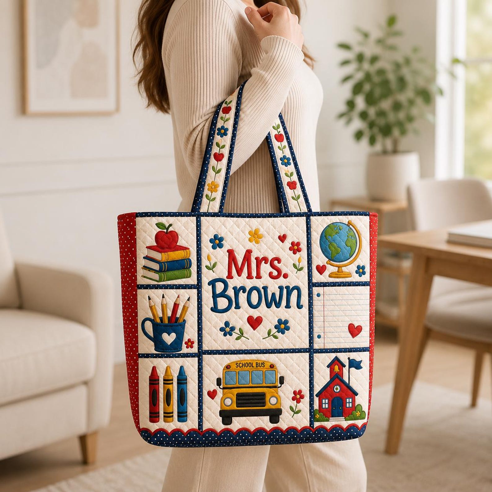 Personalized Teacher Quilted Tote Bag Custom Name School Bus Classroom Bag Teacher Appreciation Gift