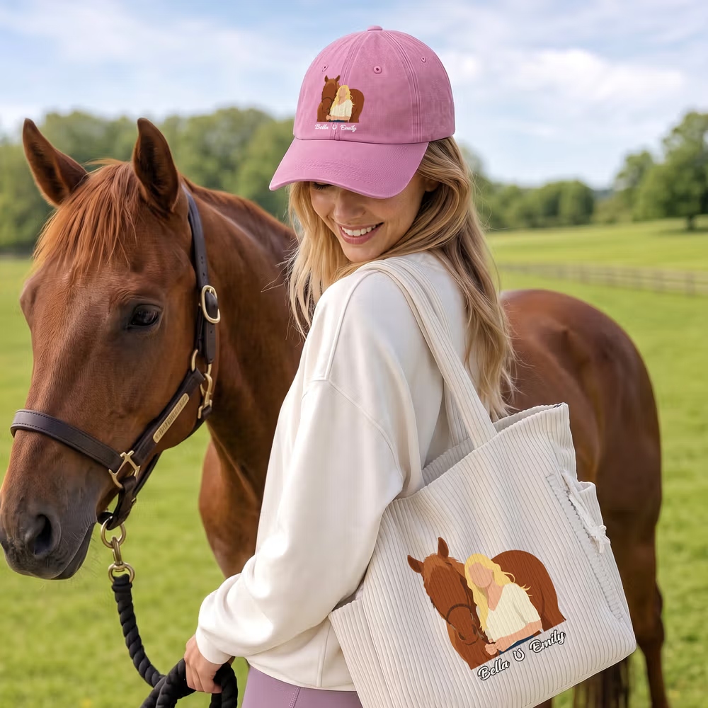 Personalized Multicolor Cartoon Horse & Rider Baseball Cap with Name, Custom Photo Print, Everyday Wear Equestrian Hat Gift for Friends and Horse Lovers
