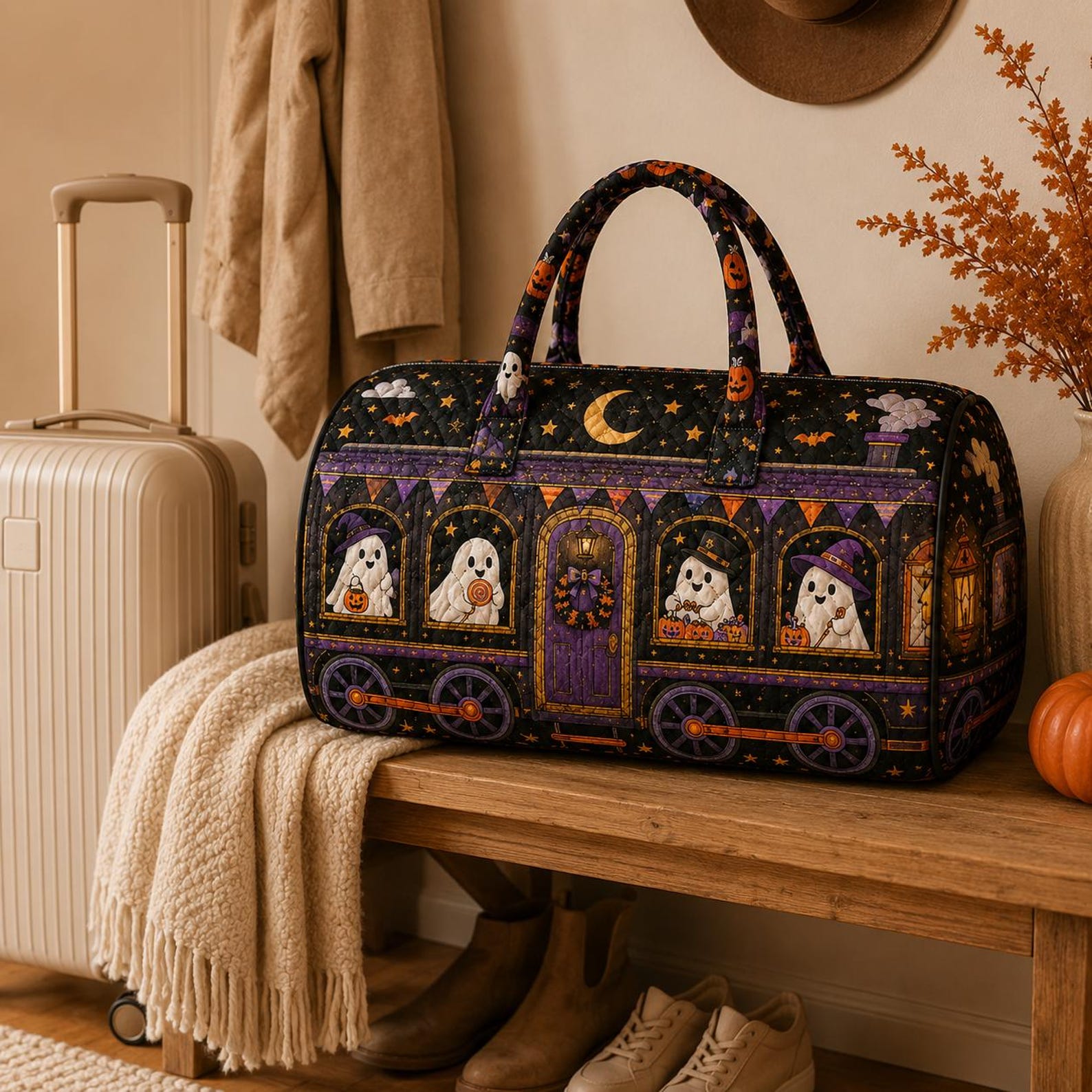 Ghoul Getaway Halloween Duffel Bag Spooky Ghost Travel Bag Haunted Road Trip Weekender Bag Quilted Halloween Overnight Bag
