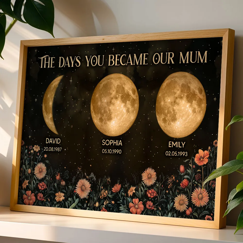 Personalised Moon Phase Family Print – “The Days You Became Our Mum” Custom Poster with Names, Dates & Birth Moons – Unique Mother’s Day Gift