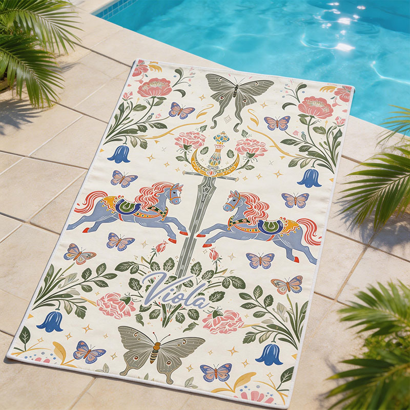 Personalized Enchanted Horse Sword Beach Towel Custom Name Floral Butterfly Towel