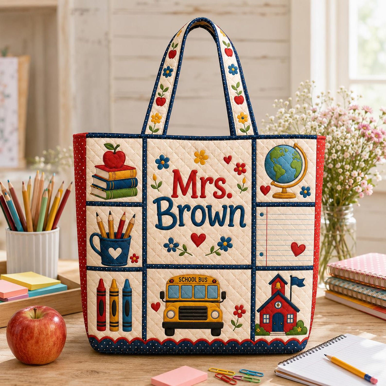 Personalized Teacher Quilted Tote Bag Custom Name School Bus Classroom Bag Teacher Appreciation Gift