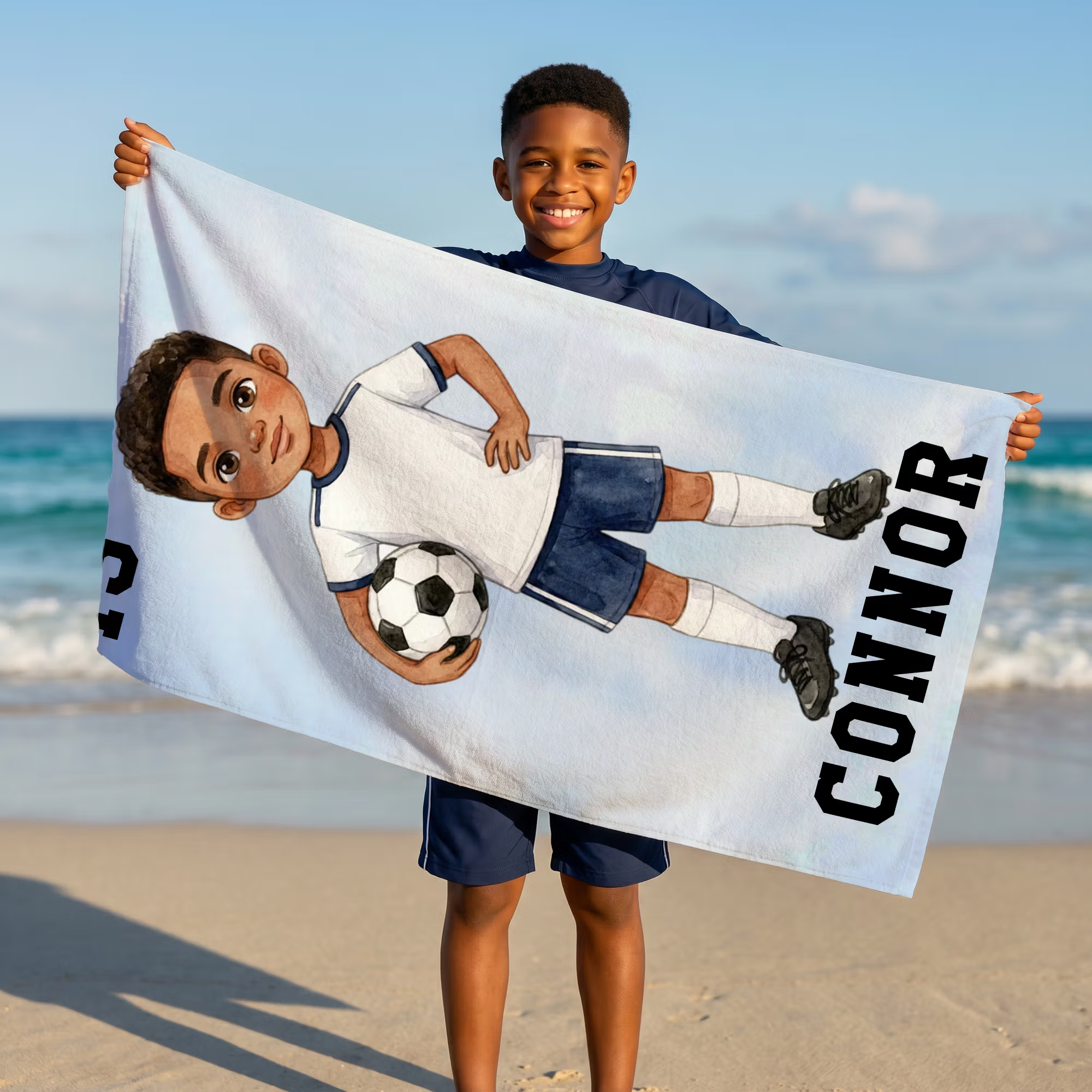 Personalized Cartoon Soccer Player Photo Quick Dry Oversized Beach Towel with Name Summer Vacation Beach Party Birthday Gift for Soccer Player Lover