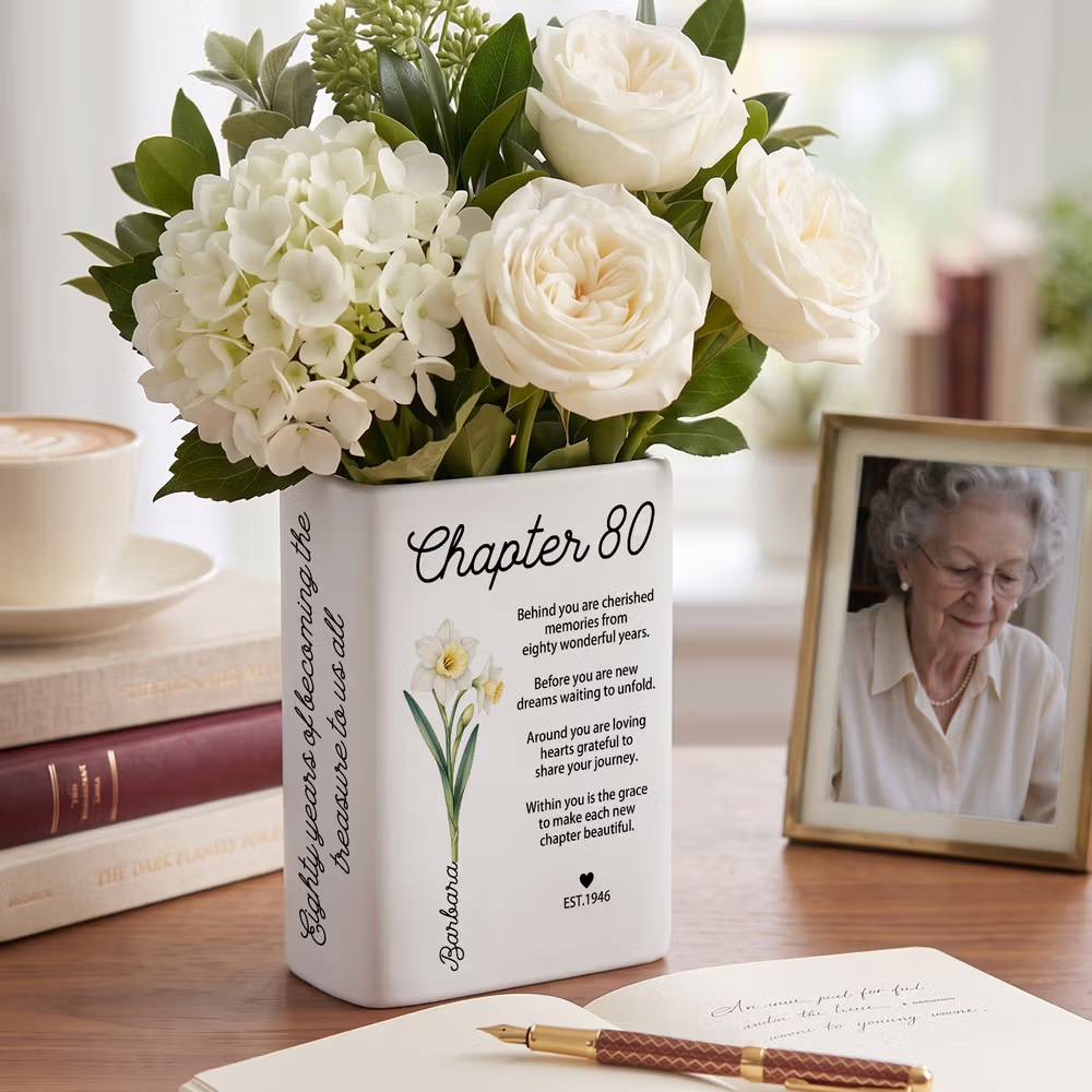 Personalized Birth Flower Ceramic Book Vase with Name Year and Text Home Decor Anniversary Gift for Bookworms Flower Lovers