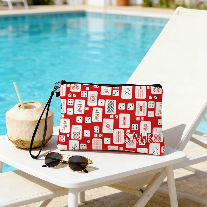 Personalized Mahjong Name Linen Handbag Red Mahjong and Dice with Zipper and Wrist Strap Gift for Mahjong Lovers