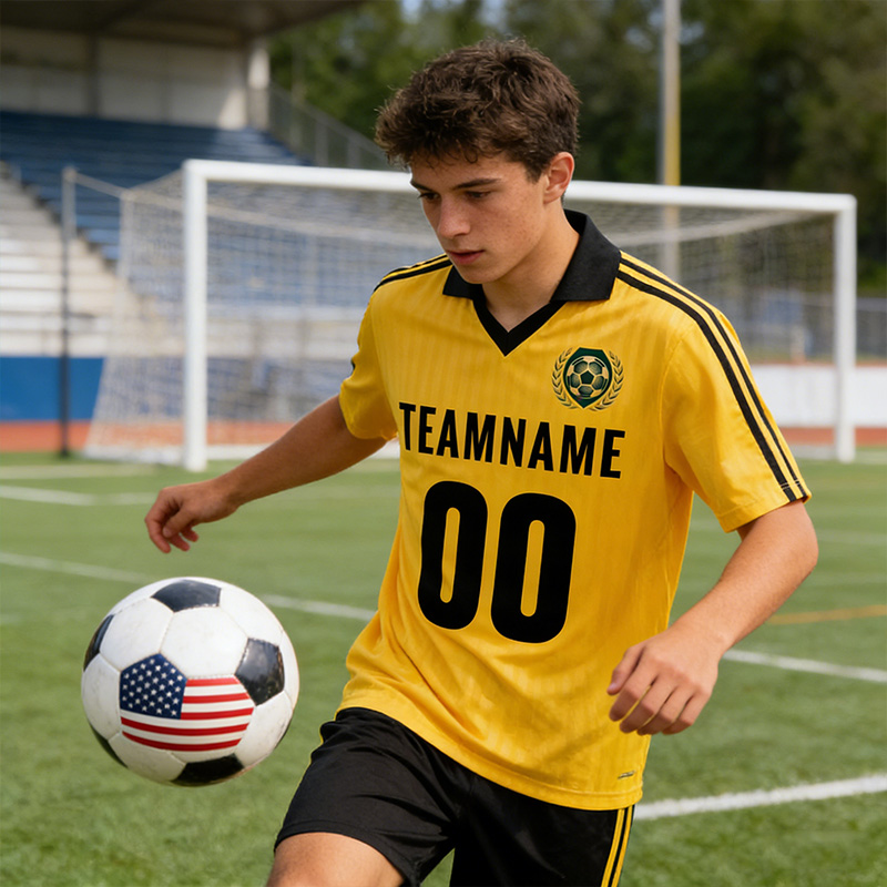 Personalized Made Lapel Soccer Jersey with Yellow Stripes Featuring Custom Team Name Logo Player Name and Number Gift for Soccer Fans