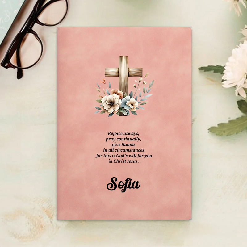 Personalized Floral Cross Bible Verse Prayer Journal Leather A5 Notebook with Name Church Study Birthday Gift Religious Christmas Gift for Christians