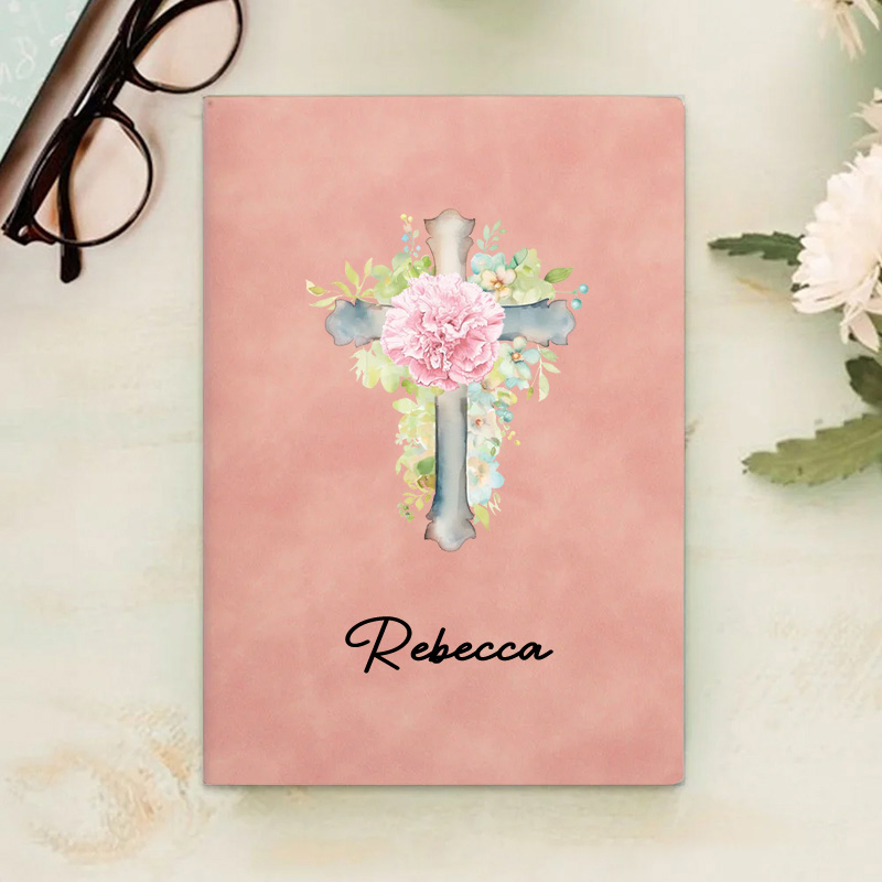 Personalized Watercolor Cross 1-5 Birth Flowers Prayer Journal Leather A5 Notebook with Name for Bible Study Birthday Gift Religious Gift for Women