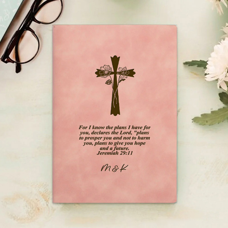 Personalized Engraved Cross Birth Flower Bible Verse Leather A5 Notebook with Name for Church Bible Study Christmas Easter Gift for Christian Prayer