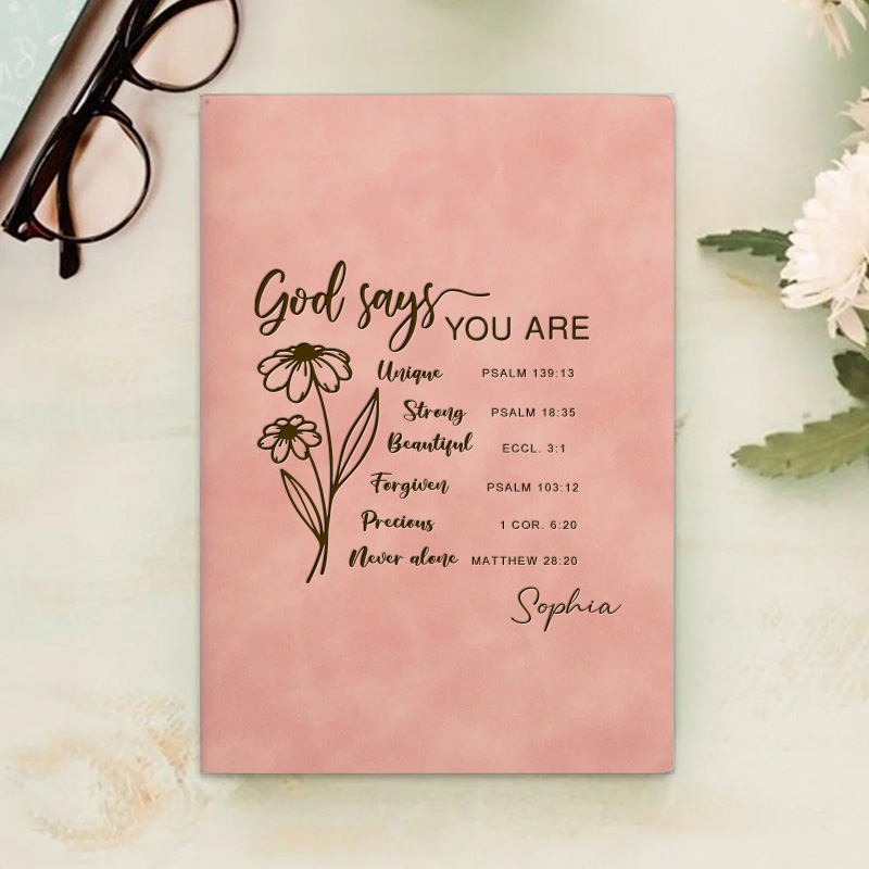 Personalized God Says You are Bible Verse Journal Leather A5 Notebook with Name for Women Flower Christian Gift Religious Gift Affirmations Gift