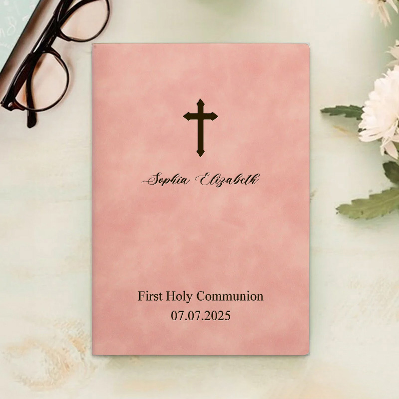 Personalized Communion Cross Prayer Journal Leather A5 Notebook with Custom Name Text Date Birthday Prayer Religious Gift for Christians Baptism Gift