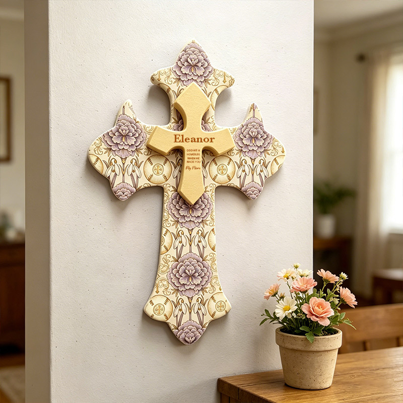 Personalized Wooden Wall Cross Classical Religious Style Hanging Birth Flower Baseball Cross Home Decor A Gift for Mom