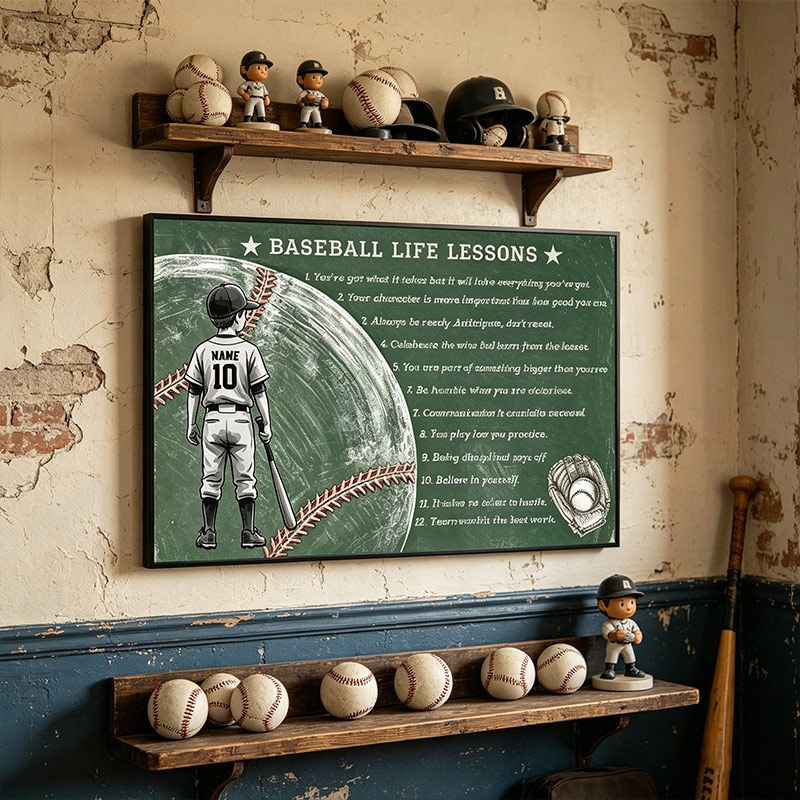 Personalized Baseball Life Lessons Wall Hangings Custom Name Number Chalkboard Style Motivational Wall Art for Baseball Fans