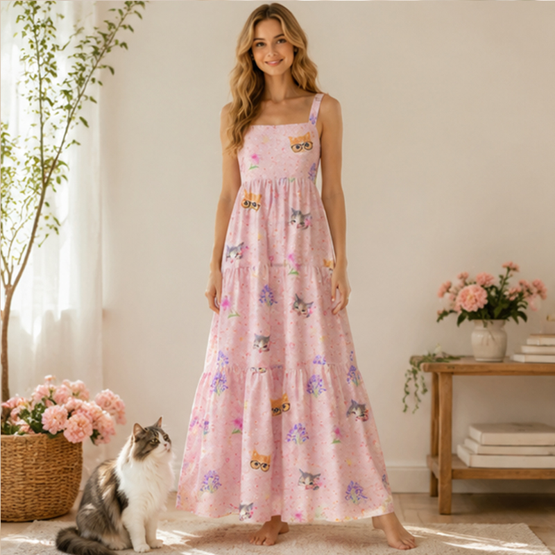 Personalized Pet Photo Birth Floral Maxi Dress Custom Tiered Ruffle Unique Gift for Cat Mom Dog Owner