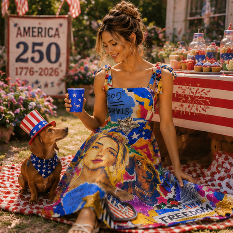 Personalized USA Independence Day Maxi Dress Colorful Graffiti Collage with Custom Photo and Name for USA 250th Anniversary