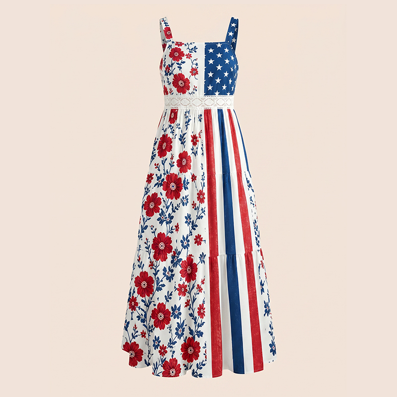 4th of July Patriotic Maxi Dress American Star Stripes Red Floral Print Independence Day for Her