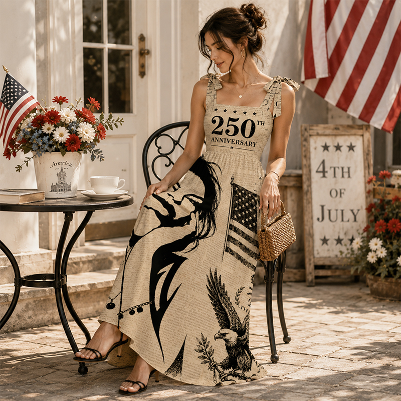 Personalized American 250th Anniversary Maxi Dress Retro Style Spaghetti Strap Custom Photo for Independence Day