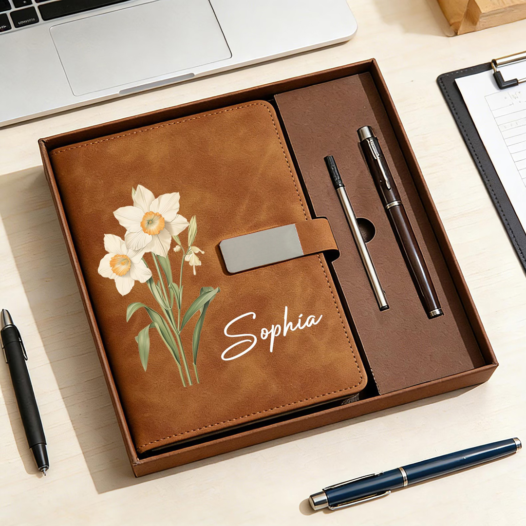 Personalized Birth Flower Notebook & Pen Set Custom Name Leather Journal Gift Birth Month Flower Journal for Women