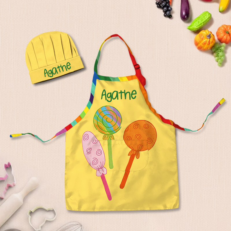 Personalized Colorful Lollipop Adjustable Kid Apron Chef Hat Set with Pocket and Name for Cooking Baking Birthday Holiday Gift for Kids
