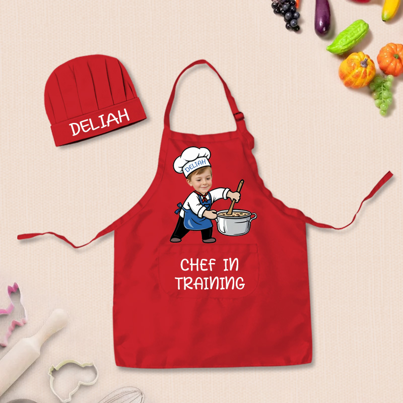Personalized Fun Cooking Positions Adjustable Kid Apron Chef Hat Set with Pocket and Name for Cooking Baking Birthday Holiday Gift for Kids