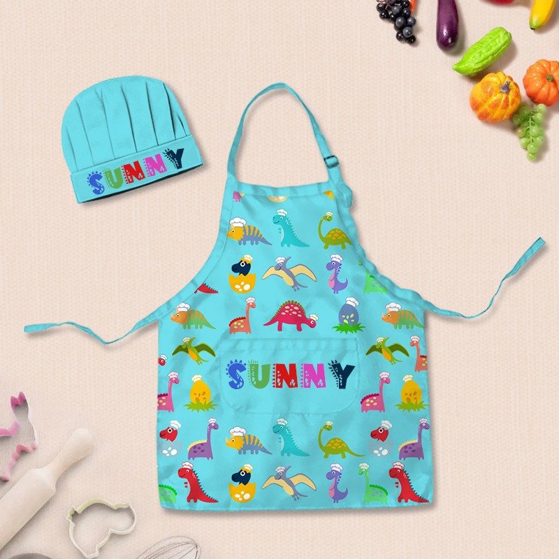 Personalized Fun Cartoon Dinosaur Adjustable Kid Apron Chef Hat Set with Pocket and Name for Cooking Baking Birthday Holiday Gift for Kids